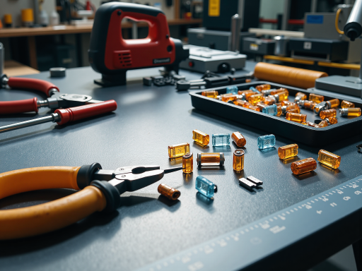 汽车电气系统配件,包括火花塞、电池、线束等电子元件,整齐排列在展示架上,展现精密技术