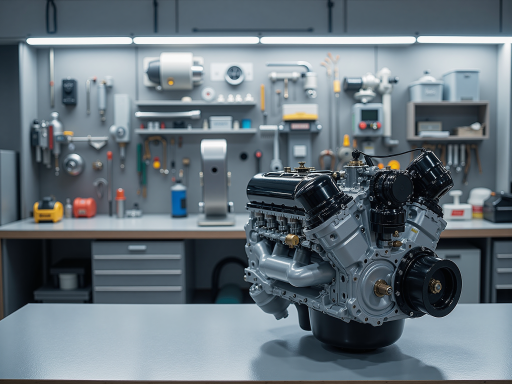 汽车发动机配件,包括活塞、连杆、曲轴等精密零件,整齐摆放在工作台上,展现专业制造工艺